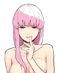 Rule 34 | 1girl, arakawa under the bridge, bad id, bad pixiv id, breast press, breasts, collarbone, covering privates, covering breasts, face, lips, long hair, maria (arakawa), naughty face, nude, nude cover, pink eyes, pink hair, simple background, smile, solo, urue