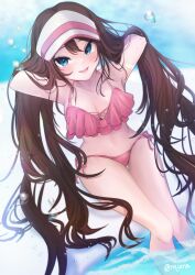 Rule 34 | 1girl, :d, absurdres, alternate costume, aqua eyes, bikini, blush, breasts, brown hair, cleavage, collarbone, commentary request, creatures (company), day, game freak, hair down, hands up, hat, highres, knees, long hair, looking at viewer, medium breasts, nintendo, nyamnyah, open mouth, outdoors, pink bikini, pokemon, pokemon bw2, rosa (pokemon), side-tie bikini bottom, smile, solo, swimsuit, twitter username, very long hair, visor cap, wading, water drop, white hat