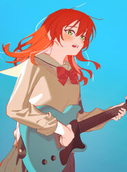 Rule 34 | 1girl, blue background, blush, bocchi the rock!, bow, bowtie, brown sailor collar, brown shirt, brown skirt, commentary, electric guitar, floating hair, gradient background, green eyes, guitar, highres, holding, holding guitar, holding instrument, instrument, kita ikuyo, long hair, long sleeves, open mouth, playing guitar, red bow, red bowtie, red hair, sailor collar, school uniform, shirt, shuka high school uniform, skirt, solo, zhr100