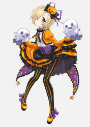 Rule 34 | 1girl, black bow, blonde hair, blush, bow, brown eyes, corset, cropped jacket, ear piercing, earrings, eluthel, frilled skirt, frilled sleeves, frills, full body, ghost, hair bow, hair ornament, hair over one eye, halloween, high heels, highres, idolmaster, idolmaster cinderella girls, idolmaster cinderella girls starlight stage, jack-o&#039;-lantern, jack-o&#039;-lantern hair ornament, jewelry, long sleeves, looking at viewer, mary janes, orange skirt, pantyhose, piercing, platform footwear, purple bow, shirasaka koume, shoes, short hair, skirt, sleeves past fingers, sleeves past wrists, smile, solo, star (symbol), star print, striped clothes, striped pantyhose, vertical-striped clothes, vertical-striped pantyhose