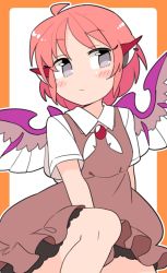 Rule 34 | 1girl, ahoge, animal ears, blush, border, brown dress, closed mouth, commentary request, cowboy shot, dress, earrings, grey eyes, ini (inunabe00), jewelry, mystia lorelei, no headwear, orange border, pink hair, short hair, short sleeves, simple background, solo, touhou, white background, wings