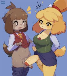 Rule 34 | 1boy, 1girl, absurdres, animal crossing, blank eyes, blush, breasts, brother and sister, cleavage, closed mouth, clothes lift, clothes pull, digby (animal crossing), dog boy, dog girl, furry, furry female, furry male, furry with furry, futa with male, futanari, highres, honey calamari, incest, isabelle (animal crossing), large breasts, large penis, large testicles, lifted by self, multiple penises, nintendo, pants, pants pull, penis, penis size difference, penises touching, red vest, shirt, siblings, skirt, skirt lift, smile, standing, tail, testicles, vest, vest lift, white shirt