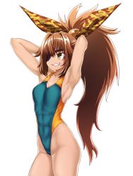 Rule 34 | 1girl, armpits, arms behind head, blue one-piece swimsuit, bow, breasts, brown eyes, brown hair, cameltoe, competition swimsuit, copyright request, covered abs, covered navel, cowboy shot, eyepatch, fang, grin, hair bow, high ponytail, highleg, highres, itou yuuji, long hair, medium breasts, one-piece swimsuit, one eye covered, simple background, smile, solo, swimsuit, very long hair, white background, yellow bow