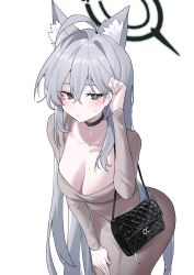 Rule 34 | 1girl, absurdres, animal ears, bag, blue archive, blue eyes, blush, breasts, cleavage, closed mouth, collarbone, curvy, danbal, dongtan dress, dress, grey dress, grey hair, handbag, highres, large breasts, leaning forward, long hair, meme attire, mismatched pupils, shiroko (blue archive), shiroko terror (blue archive), solo, wolf ears