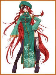 Rule 34 | 1girl, alternate costume, bare shoulders, belt, blue eyes, boots, border, braid, breasts, contrapposto, detached sleeves, earrings, female focus, hair tubes, hand on own hip, hat, highres, hong meiling, jewelry, large breasts, ledjoker07, long hair, red border, red hair, solo, standing, star (symbol), thigh boots, thighhighs, touhou, twin braids, very long hair, zipper