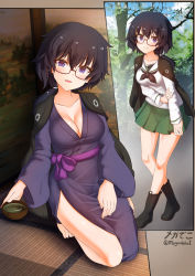 Rule 34 | 1girl, artist name, barefoot, black footwear, black hair, black neckerchief, blouse, blue eyes, blue kimono, blue sky, boots, bowl, breasts, closed mouth, cloud, cloudy sky, commentary, day, girls und panzer, glasses, green skirt, green tea, half-closed eyes, hand on own arm, haori, highres, indoors, japanese clothes, kimono, kneeling, leaning forward, long sleeves, looking at viewer, medium breasts, medium hair, megadeko, messy hair, miniskirt, multiple views, neckerchief, ooarai school uniform, open mouth, oryou (girls und panzer), outdoors, outside border, pleated skirt, purple sash, red-framed eyewear, sailor collar, sash, school uniform, semi-rimless eyewear, serafuku, shirt, short ponytail, signature, skirt, sky, smile, standing, tatami, tea, tree, twitter username, under-rim eyewear, white sailor collar, white shirt