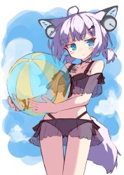 Rule 34 | 1girl, absurdres, ahoge, animal ears, arknights, ball, bare shoulders, beachball, bikini, black bikini, blue eyes, blue sky, blush, cloud, collarbone, commentary request, day, headphones for animal ears, highres, holding, holding ball, ichi (ichi.colors), low twintails, parted lips, purple hair, see-through, short twintails, sky, solo, standing, sussurro (arknights), swimsuit, tail, transparent, twintails