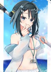 Rule 34 | 1girl, absurdres, ahoge, arknights, bikini, black hair, blue eyes, blue sky, breasts, cleavage, closed mouth, day, feather hair, goggles, goggles around neck, hair bun, hair intakes, hair ornament, hairclip, highres, id card, jacket, la pluma (arknights), la pluma (summer flowers) (arknights), long sleeves, looking at viewer, medium breasts, navel, official alternate costume, open clothes, open jacket, outdoors, single hair bun, single side bun, sky, solo, swimsuit, v over mouth, white bikini, white jacket, wing hair ornament, yokuto