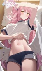 Rule 34 | 1girl, absurdres, blue archive, highres, leavv, long hair, looking at viewer, mika (blue archive), pink hair, shirt, short sleeves, solo, white shirt, wings, yellow eyes