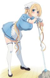 Rule 34 | 1girl, black footwear, blend s, blonde hair, blouse, blue eyes, blue shirt, blue skirt, breasts, broom, closed mouth, collared shirt, from side, full body, gloves, hair between eyes, hand on own chin, head rest, head scarf, highres, hinata kaho, large breasts, long hair, looking at viewer, own hands together, shirt, shirt tucked in, shoes, simple background, sincos, skirt, solo, standing, thighhighs, twintails, very long hair, white background, white gloves, white thighhighs, wooden floor
