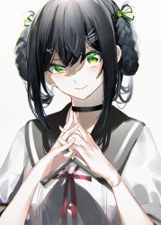 Rule 34 | 1girl, black hair, blurry, blush, braid, choker, depth of field, fingers together, green eyes, hair ornament, hairclip, highres, orihi chihiro, own hands together, pale skin, portrait, school uniform, short hair, smile, solo