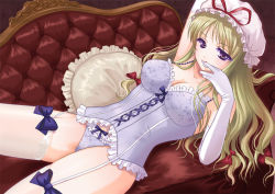 Rule 34 | 1girl, alha, blonde hair, bow, bow legwear, breasts, cleavage, colored eyelashes, corset, couch, elbow gloves, eyelashes, female focus, frilled corset, frilled pillow, frills, garter belt, garter straps, gloves, hat, indoors, lace, lace-trimmed legwear, lace trim, lingerie, long hair, lying, medium breasts, mob cap, on back, panties, pillow, purple corset, purple eyes, solo, thighhighs, thighs, touhou, underwear, white gloves, yakumo yukari