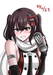 Rule 34 | 1girl, 2023, :d, armpit crease, bare shoulders, black gloves, black neckerchief, blush, brand name imitation, brown eyes, brown hair, can, commentary, dated, dated commentary, drie, elbow gloves, energy drink, eyelashes, eyes visible through hair, fingerless gloves, gloves, grin, hair between eyes, happy, highres, holding, holding can, kantai collection, looking at viewer, medium hair, monster energy, neckerchief, open mouth, scarf, sendai (kancolle), sendai kai ni (kancolle), simple background, smile, solo, straight hair, tsurime, two side up, upper body, white background, white scarf