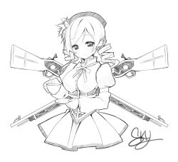Rule 34 | 10s, 1girl, beret, cup, detached sleeves, drill hair, greyscale, gun, hair ornament, hat, highres, magical girl, magical musket, mahou shoujo madoka magica, mahou shoujo madoka magica (anime), monochrome, no legs, puffy sleeves, rifle, signature, sky-freedom, smile, solo, teacup, tomoe mami, twin drills, twintails, weapon