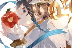 Rule 34 | 1boy, absurdres, androgynous, apple, black hair, blue hair, braid, bridal gauntlets, capelet, commentary request, feathered wings, flower, food, from side, fruit, genshin impact, gradient hair, green eyes, hair flower, hair ornament, heart, highres, holding, holding food, holding fruit, hood, hood down, hooded capelet, light particles, looking at viewer, male focus, multicolored hair, open mouth, sainome (imveryfinethx), short hair with long locks, side braids, sidelocks, simple background, smile, solo, twin braids, venti (archon) (genshin impact), venti (genshin impact), white background, white flower, white wings, wings