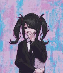 Rule 34 | 1girl, ame-chan (needy girl overdose), black eyes, black hair, black jacket, collared shirt, covered mouth, covering own mouth, eencya, formal, hair ornament, hand over own mouth, hunter x hunter, jacket, long sleeves, looking to the side, necktie, needy girl overdose, official art, parody, pixel art, second-party source, shirt, solo, standing, suit, twintails, upper body