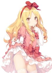 Rule 34 | 10s, 1girl, :&lt;, blonde hair, blush, bow, bowtie, brown eyes, clothes lift, commentary request, contrapposto, dress, dress lift, drill hair, eromanga sensei, finger to face, hair bow, hairband, kani biimu, layered dress, layered sleeves, lifting own clothes, long sleeves, panties, pantyshot, pink dress, pink panties, pointy ears, puffy short sleeves, puffy sleeves, red bow, red bowtie, red eyes, red hairband, sash, short over long sleeves, short sleeves, simple background, solo, standing, tareme, thighhighs, thighs, underwear, upskirt, white background, white bow, white thighhighs, yamada elf