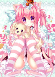 Rule 34 | &gt;:&lt;, 1girl, :&lt;, animal ears, blush, bow, candy, cat ears, cat tail, closed mouth, crown, dog, dog ears, food, heart, heart-shaped food, heart-shaped pupils, lollipop, long hair, looking at viewer, ooji cha, original, panties, pink hair, pink theme, pink thighhighs, polka dot, polka dot bow, polka dot panties, purple eyes, solo, striped clothes, striped thighhighs, swirl lollipop, symbol-shaped pupils, tail, thighhighs, twintails, underwear, v-shaped eyebrows