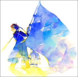 Rule 34 | 21grams, 2boys, ahoge, belt, black belt, blue coat, blue pants, blue sleeves, blush, brown hair, coat, commentary request, cowboy shot, denim, flag, full body, holding, holding flag, jeans, layered sleeves, long sleeves, looking ahead, male focus, multiple boys, number print, open mouth, original, oversized object, painting (medium), pants, pocket, shadow, shirt, shoes, short hair, short sleeves, simple background, t-shirt, traditional media, watercolor (medium), white background, white pants, white shirt, white sleeves, yellow footwear