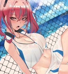 Rule 34 | 1girl, :o, azur lane, bad id, bad twitter id, bare shoulders, beach, blue sky, blush, breasts, bremerton (azur lane), bremerton (scorching-hot training) (azur lane), chain-link fence, cleavage, cloud, commentary request, crop top, crop top overhang, crossed bangs, day, fence, hair between eyes, hair ornament, headgear, heart, heart necklace, jewelry, large breasts, midriff, multicolored hair, navel, necklace, ocean, oni kanzei, open mouth, pleated skirt, red eyes, sand, shirt, shore, sitting, skirt, sky, sleeveless, sleeveless shirt, sportswear, stomach, streaked hair, sweat, tennis uniform, thighs, two-tone shirt, two-tone skirt, two side up, water, x hair ornament