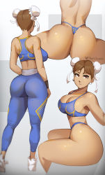 Rule 34 | 1girl, ass, breasts, brown eyes, brown hair, bun cover, capcom, chun-li, cleavage, double bun, earrings, hair bun, huge ass, jewelry, large breasts, multiple views, phat smash, street fighter, thick thighs, thighs, thong