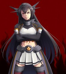 Rule 34 | 1girl, black hair, breasts, crossed arms, headgear, highres, jougenmushi, kantai collection, large breasts, midriff, miniskirt, nagato (kancolle), nagato kai ni (kancolle), navel, orange eyes, pleated skirt, red background, serious, skirt, solo