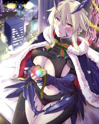 Rule 34 | 1girl, absurdres, armor, artoria pendragon (fate), artoria pendragon (lancer alter) (fate), black bodysuit, blonde hair, blue capelet, blush, bodysuit, box, braid, breasts, capelet, clothing cutout, fate (series), french braid, fur-trimmed capelet, fur trim, gauntlets, gift, gift box, highres, indoors, large breasts, navel cutout, on bed, revealing clothes, saint quartz (fate), sarfata, sidelocks, sitting, solo, yellow eyes