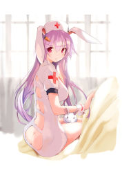 Rule 34 | 1girl, :t, alternate costume, animal, animal ears, animal on lap, ass, ass cutout, blush, carrot hair ornament, clothing cutout, commentary request, cross, curtains, dress, food-themed hair ornament, hair between eyes, hair ornament, hat, highres, indoors, long hair, looking at viewer, nurse, nurse cap, on lap, pout, puffy short sleeves, puffy sleeves, purple hair, rabbit, rabbit ears, red cross, red eyes, reisen udongein inaba, short dress, short sleeves, sitting, solo, tetsurou (fe+), thighs, touhou, very long hair, white dress, window, wrist cuffs