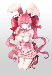 Rule 34 | 1girl, 1p ino, :3, animal ears, bare shoulders, blush, bow, breasts, choker, clenched hands, di gi charat, dice, dice hair ornament, dress, front-tie top, full body, gradient background, hair bow, hair ornament, hand on own hip, heart, highres, jumping, large breasts, long hair, neck ribbon, pink eyes, pink hair, rabbit ears, red eyes, ribbon, ribbon choker, simple background, smile, smug, solo, symbol-shaped pupils, twintails, usada hikaru, very long hair