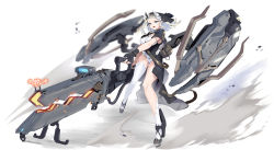 Rule 34 | absurdres, blonde hair, blue eyes, breasts, chinese commentary, floating, floating hair, glowing, glowing weapon, gun, high heels, highres, holding, holding gun, holding weapon, large breasts, leotard, magnetic weapon, mecha musume, open mouth, original, railgun, science fiction, single thighhigh, solo, thighhighs, weapon, white background, white leotard, zhu fun