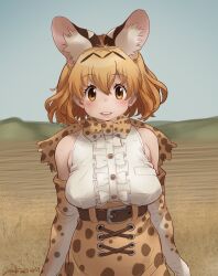 Rule 34 | 1girl, alternate form, animal ear fluff, animal ears, blonde hair, blush, bow, bowtie, breasts, elbow gloves, extra ears, gloves, highres, kemono friends, large breasts, looking at viewer, no bra, nyororiso (muyaa), open mouth, print bow, print bowtie, savannah, serval (kemono friends), serval print, shirt, short hair, skirt, sleeveless, sleeveless shirt, smile