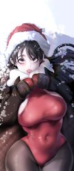 Rule 34 | 1girl, absurdres, black eyes, black hair, brave new world, breasts, commentary request, covered navel, cowboy shot, fur trim, hat, highres, jacket, large breasts, leotard, long hair, mittens, open clothes, open jacket, pantyhose, parted lips, red leotard, santa hat, snow, solo, teeth, yoongonji