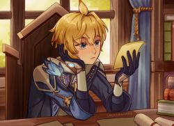 Rule 34 | 1boy, ahoge, blonde hair, blue coat, blue eyes, blue gloves, book, chair, coat, commentary, curtains, english commentary, genshin impact, gloves, hand on own cheek, hand on own face, highres, holding, holding paper, long sleeves, male focus, mika (genshin impact), paper, sitting, solo, vision (genshin impact), wee (creadbrumbs)