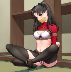 Rule 34 | 1girl, arms behind back, bdsm, black bow, black hair, black panties, black thighhighs, blush, bondage, bound, bound ankles, bound arms, bow, bow bra, bra, breasts, cleavage, clothes lift, commentary request, covered mouth, crotch rope, fate/stay night, fate (series), female focus, full body, gag, gagged, gbeeee, green eyes, hair bow, highres, improvised gag, indoors, long hair, long sleeves, medium breasts, miniskirt, multicolored hair, navel, no shoes, on floor, panties, pantyshot, parted bangs, red sweater, shelf, shibari, shibari over clothes, sitting, skirt, solo, spread legs, sweater, sweater lift, tape, tape gag, tatami, thighhighs, tohsaka rin, two-tone hair, underwear, upskirt, v-shaped eyebrows, white bra, white panties