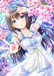 Rule 34 | 1girl, anata no risou no heroine, aqua bow, aqua eyes, arm garter, arm ribbon, artist name, artist request, bare shoulders, blue bow, blue eyes, blush, bow, bracelet, breasts, brown hair, collarbone, cross-laced clothes, cross-laced dress, dated, dress, dress bow, drop earrings, earrings, female focus, flower, flower bracelet, frilled dress, frills, hair between eyes, hair bow, hair ornament, hairclip, half updo, halter dress, halterneck, highres, holding, holding petal, jewelry, long hair, looking at viewer, love live!, love live! nijigasaki high school idol club, love live! school idol festival, medium breasts, miniskirt, necklace, osaka shizuku, parted lips, pearl bracelet, pearl hair ornament, pearl necklace, petals, pink flower, pink rose, plaid, plaid dress, plaid skirt, pleated, pleated dress, pleated skirt, ponytail, purple flower, purple rose, raindrop print, ribbon, rose, short sleeves, skirt, smile, solo, star (symbol), star hair ornament, striped clothes, striped dress, striped skirt, v, vertical-striped clothes, vertical-striped dress, vertical-striped skirt, white bow, white dress, white ribbon, white skirt, wrist ribbon