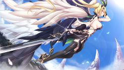 Rule 34 | 1girl, beatrice (tenmei no conquista), black thighhighs, black wings, blonde hair, blue sky, breasts, day, feathered wings, floating hair, from below, from side, full body, game cg, hand in own hair, highres, holding, holding sword, holding weapon, large breasts, lens flare, long hair, outdoors, pointy ears, purple eyes, side ponytail, sideboob, sky, solo, sword, tenmei no conquista, thighhighs, very long hair, weapon, white wings, wings