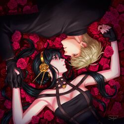 Rule 34 | 1boy, 1girl, artist name, bare shoulders, bed of roses, black dress, black gloves, black hair, blonde hair, blush, breasts, cleavage, dress, earrings, flower, formal, gloves, gold earrings, gold hairband, hair flower, hair ornament, hairband, highres, husband and wife, jacket, jewelry, large breasts, long hair, looking at another, red eyes, rose, short hair, sidelocks, signature, spy x family, suit, twilight (spy x family), two-sided dress, two-sided fabric, yor briar, yuushin 07