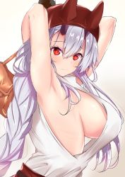 Rule 34 | 1girl, armpits, arms behind head, arms up, bag, beret, blouse, blush, braid, breasts, fate/grand order, fate (series), from side, hair between eyes, hat, highres, horns, large breasts, long hair, looking at viewer, looking to the side, oni horns, red eyes, red hat, red skirt, sankakusui, shiny skin, shirt, shoulder bag, sideboob, silver hair, simple background, skirt, sleeveless, solo, tomoe gozen (fate), very long hair, white shirt