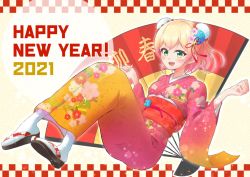 Rule 34 | 1girl, 2021, alternate costume, alternate hair length, alternate hairstyle, blush, breasts, clenched hands, fang, floating, happy new year, hololive, japanese clothes, kimono, looking at viewer, medium breasts, momosuzu nene, new year, obi, open mouth, sash, short hair, smile, solo, typho, virtual youtuber, yukata