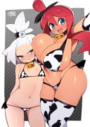 Rule 34 | 2girls, :&lt;, abarai (abarabone), alternate costume, aqua eyes, arm up, armpits, bell, bikini, blue eyes, blush, body blush, breast envy, breast press, breasts, cleavage, cow, cowbell, creatures (company), elbow gloves, female focus, forehead, frown, furrowed brow, game freak, gloves, gym leader, hair ornament, huge breasts, long hair, looking at another, looking at breasts, looking at viewer, looking to the side, multiple girls, navel, nintendo, open mouth, pale skin, pokemon, pokemon bw2, red hair, roxie (pokemon), shiny skin, skyla (pokemon), small breasts, smile, standing, swimsuit, tan, thighhighs, topknot, watermark, white hair