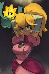 Rule 34 | 1girl, adjusting hair, alex ahad, arms behind head, blonde hair, blue eyes, breasts, commentary, dress, earrings, elbow gloves, english commentary, gloves, hair ribbon, hair up, highres, jewelry, large breasts, long hair, mario (series), mouth hold, nintendo, official alternate costume, official alternate hairstyle, pink dress, ponytail, princess peach, princess peach: showtime!, ribbon, stella (peach), tying hair, white gloves