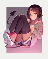 Rule 34 | 1girl, beige sweater, black thighhighs, brown eyes, brown hair, chromatic aberration, commentary, commentary request, demon girl, demon tail, eating, english commentary, food, full body, gradient background, highres, long sleeves, looking at viewer, mixed-language commentary, miyu (tiny evil), muk (monsieur), off-shoulder sweater, off shoulder, original, panties, panties under shorts, panty peek, pink footwear, pink tank top, pudding, short hair, shorts, sleeves past wrists, solo, spoon, sweater, tail, tank top, thighhighs, tiny evil, underwear, upshorts, utensil in mouth