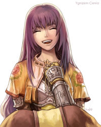 Rule 34 | 1girl, brown capelet, brown dress, capelet, character name, chest guard, chinese commentary, closed eyes, commentary, commentary request, dress, egnigem cenia, elvafirst, english commentary, feet out of frame, floral print, gauntlets, highres, long hair, mixed-language commentary, open mouth, purple hair, ragnarok online, rose print, signature, simple background, smile, solo, swordsman (ragnarok online), tearing up, white background