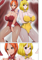 Rule 34 | 2girls, animal ears, ass, bare shoulders, blonde hair, breasts, brown eyes, carrot (one piece), cleavage, female focus, highres, large breasts, licking, multiple girls, nami (one piece), one piece, orange hair, qdoujin (pixiv44648813), rabbit, rabbit ears, rabbit tail, smile, tail