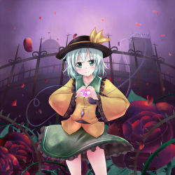 Rule 34 | 1girl, bad id, bad pixiv id, buttons, castle, collarbone, collared shirt, cowboy shot, diamond button, dress shirt, female focus, flower, frilled shirt collar, frilled skirt, frilled sleeves, frills, gate, green eyes, green skirt, grey hair, hat, hat ribbon, heart, heart hands, komeiji koishi, looking at viewer, makino (ukiuo), petals, red flower, red rose, ribbon, rose, rose petals, shirt, short hair, skirt, smile, solo, third eye, thorns, touhou, wide sleeves, yellow ribbon, yellow shirt