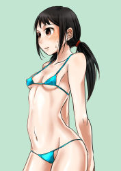 Rule 34 | 1girl, aqua bikini, armpits, arms behind back, artist request, bare shoulders, bikini, black hair, blush, breasts, brown eyes, closed mouth, embarrassed, female focus, green background, idolmaster, idolmaster cinderella girls, legs, long hair, long twintails, micro bikini, nakano yuka, namco, navel, neck, own hands together, simple background, small breasts, solo, standing, stomach, sweat, sweatdrop, swimsuit, thighs, twintails