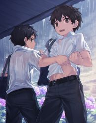 Rule 34 | 2boys, bag, belt, black belt, black pants, clenched hand, clothes lift, collared shirt, commentary request, highres, lifting own clothes, looking back, male focus, multiple boys, navel, nayoshi (r-744), open mouth, original, pants, rain, see-through, shirt, shirt lift, short sleeves, teeth, tongue, water, wet, wet clothes, wet hair, wet shirt, white shirt, wringing clothes