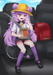 Rule 34 | 1girl, animal ears, backpack, bag, bell, black footwear, black pants, black skirt, bow, car interior, center frills, clenched hand, cloud, cow ears, cow girl, cow tail, cowbell, double bun, equus ignis, frills, hair bun, hair through headwear, hat, highres, kindergarten uniform, kneehighs, long hair, mcdonald&#039;s, mole, mole under mouth, muu muyu, neck bell, open mouth, pants, paper bag, phase connect, pink eyes, product placement, purple bow, purple hair, purple socks, randoseru, red bag, school hat, seatbelt, shirt, skirt, sky, socks, solo, tail, tail bow, tail ornament, virtual youtuber, white shirt, yellow hat