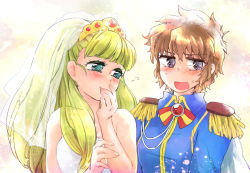 Rule 34 | 2girls, bad id, bad pixiv id, blonde hair, blush, brown hair, covering own mouth, dress, epaulettes, jenny dolittle, long hair, looking away, lynn lambretta, miniskirt pirates, multiple girls, mutou mato, open mouth, short hair, simple background, tiara, wedding dress, wife and wife, yuri