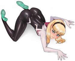 Rule 34 | 1girl, all fours, ass, black headband, blonde hair, blue eyes, full body, gwen stacy, headband, highres, looking at viewer, marvel, medium hair, minicop2001, simple background, solo, spider-gwen, spider-man (series), white background